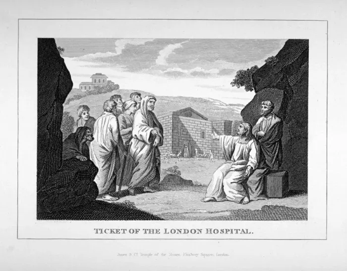 Framed Print : Ticket for the London Hospital showing Christ and the disciples, c1825 Framed Print : Ticket for the London Hospital showing Christ and the disciples, c1825