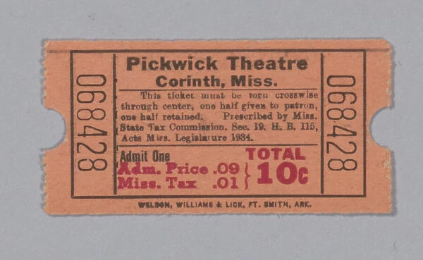 Ticket for the Pickwick Theatre, ca. 1940. Creator: Unknown