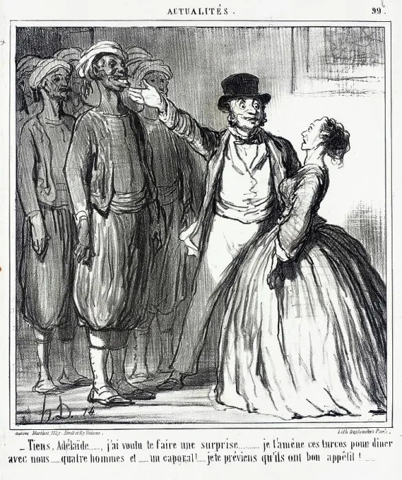 Framed Print : Tiens, Adélaïde...j'ai voulu te faire une surprise.. 1859. Creator: Honore Daumier Framed Print : Tiens, Adélaïde...j'ai voulu te faire une surprise.. 1859. Creator: Honore Daumier