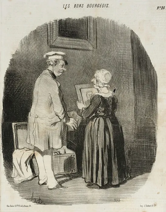 Framed Print : Tiens, ma femme, v'là mon portrait au Daguerreotype... 1846. Creator: Honore Daumier Framed Print : Tiens, ma femme, v'là mon portrait au Daguerreotype... 1846. Creator: Honore Daumier