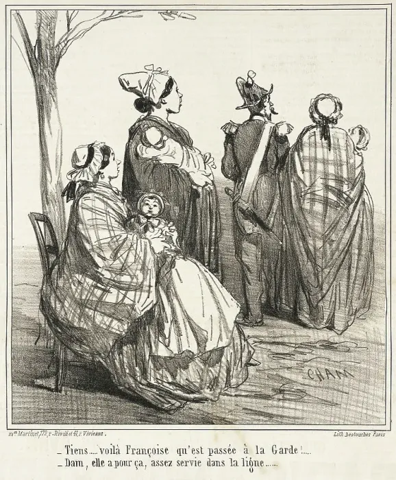 Framed Print : Tiens...Voilà Françoise qu'est passée à la Guarde!...-Dam, elle a pour ça, assez servi... 1860. Creator: Cham Framed Print : Tiens...Voilà Françoise qu'est passée à la Guarde!...-Dam, elle a pour ça, assez servi... 1860. Creator: Cham