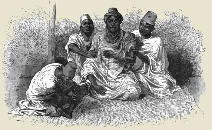 Framed Print : Tierno Ousman shampooed by his attendants; Journey from the Senegal to the Niger, 1875. Creator: Unknown Framed Print : Tierno Ousman shampooed by his attendants; Journey from the Senegal to the Niger, 1875. Creator: Unknown