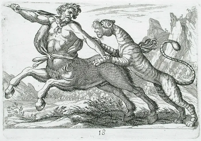 Framed Print : A Tiger Fighting a Centaur, 1610. Creator: Hendrick Hondius I Framed Print : A Tiger Fighting a Centaur, 1610. Creator: Hendrick Hondius I