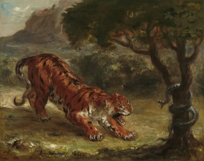 Framed Print : Tiger and Snake, 1862. Creator: Eugene Delacroix Framed Print : Tiger and Snake, 1862. Creator: Eugene Delacroix