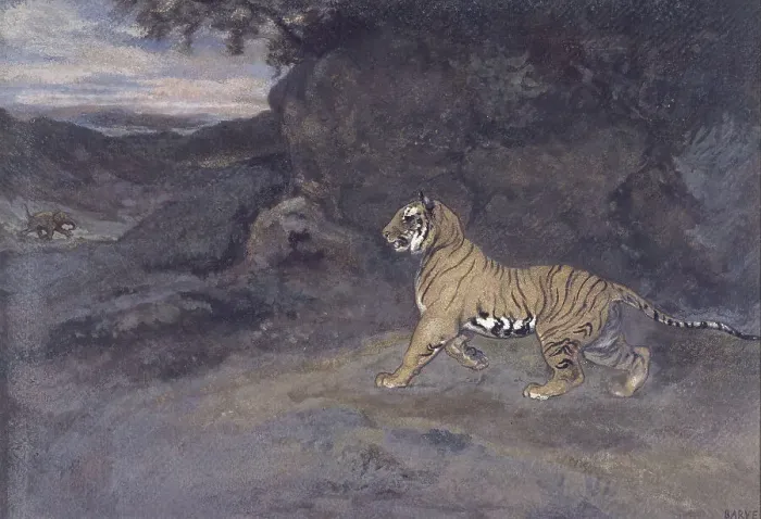 Framed Print : Tiger Watching an Elephant, c1857. Creator: Antoine-Louis Barye Framed Print : Tiger Watching an Elephant, c1857. Creator: Antoine-Louis Barye