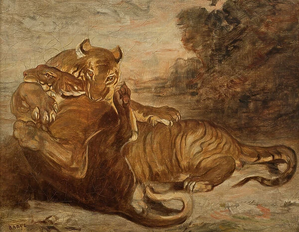 Two Tigers at Play, early-mid 19th century. Creator: Antoine-Louis Barye
