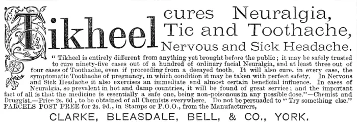 Framed Print : Tikheel: cures Neuralgia, Tic and Toothache, 1883. Creator: Unknown Framed Print : Tikheel: cures Neuralgia, Tic and Toothache, 1883. Creator: Unknown