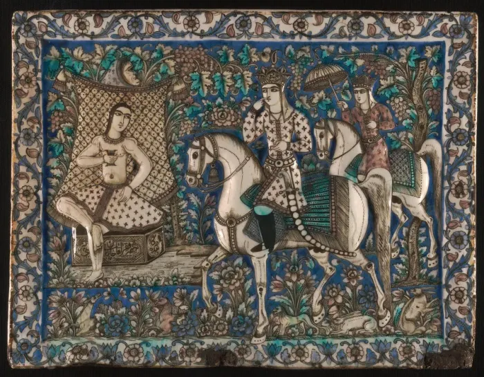 Framed Print : Tile depicting Khusrau Happening upon Shirin Bathing, Qajar dynasty, late 19th century Framed Print : Tile depicting Khusrau Happening upon Shirin Bathing, Qajar dynasty, late 19th century