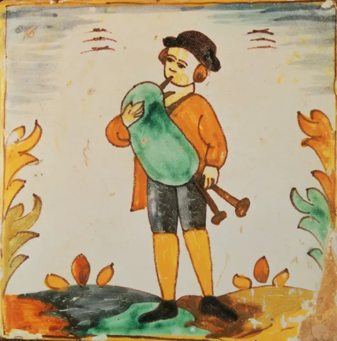 Framed Print : Tiles of the Palmita series. Musician playing the bagpipe (rustic) Framed Print : Tiles of the Palmita series. Musician playing the bagpipe (rustic)