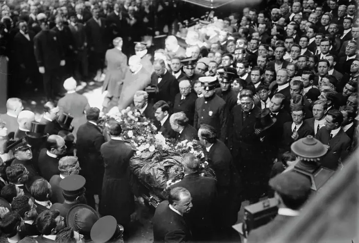 Framed Print : Tim Sullivan's coffin brought out, 1913. Creator: Bain News Service Framed Print : Tim Sullivan's coffin brought out, 1913. Creator: Bain News Service