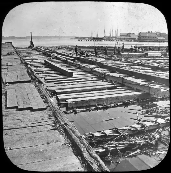 Framed Print : Timber raft, Canada, late 19th or early 20th century. Artist: Trade Mark Framed Print : Timber raft, Canada, late 19th or early 20th century. Artist: Trade Mark