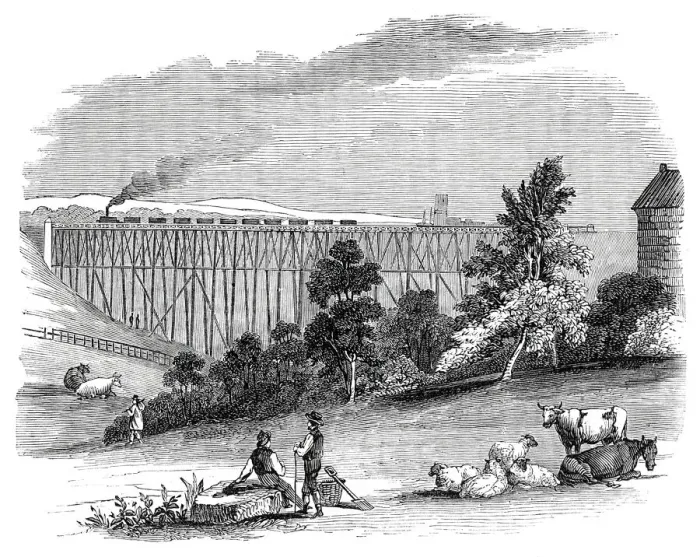 Framed Print : Timber Viaduct on the Darlington and Newcastle Railway, 1844. Creator: Unknown Framed Print : Timber Viaduct on the Darlington and Newcastle Railway, 1844. Creator: Unknown
