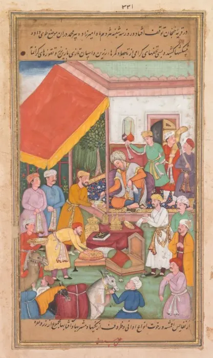 Framed Print : Timur distributes gifts from his grandson, the Prince of Multan, from a Zafar-nama Framed Print : Timur distributes gifts from his grandson, the Prince of Multan, from a Zafar-nama