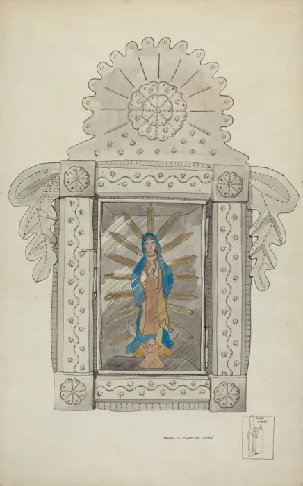 Framed Print : Tin Nicho Containing Guadalupe Bulto, c. 1936. Creator: Majel G. Claflin Framed Print : Tin Nicho Containing Guadalupe Bulto, c. 1936. Creator: Majel G. Claflin
