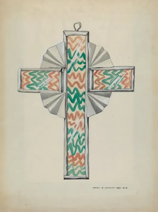Framed Print : Tin and Painted Glass Cross, c. 1937. Creator: Majel G. Claflin Framed Print : Tin and Painted Glass Cross, c. 1937. Creator: Majel G. Claflin