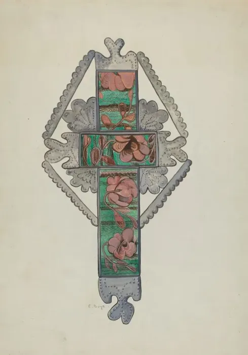 Framed Print : Tin and Painted Glass Cross, Church or Home Use, c. 1936. Creator: E. Boyd Framed Print : Tin and Painted Glass Cross, Church or Home Use, c. 1936. Creator: E. Boyd