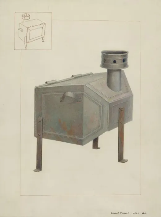 Framed Print : Tin Stove, c. 1937. Creator: Vincent P. Rosel Framed Print : Tin Stove, c. 1937. Creator: Vincent P. Rosel