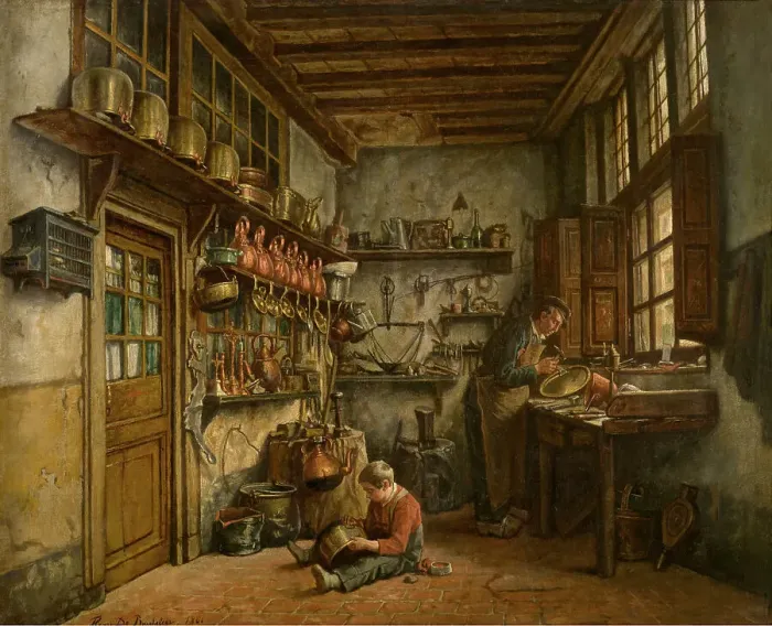 Framed Print : The Tinker, 1861. Creator: Henri Jean Augustin de Braekeleer Framed Print : The Tinker, 1861. Creator: Henri Jean Augustin de Braekeleer