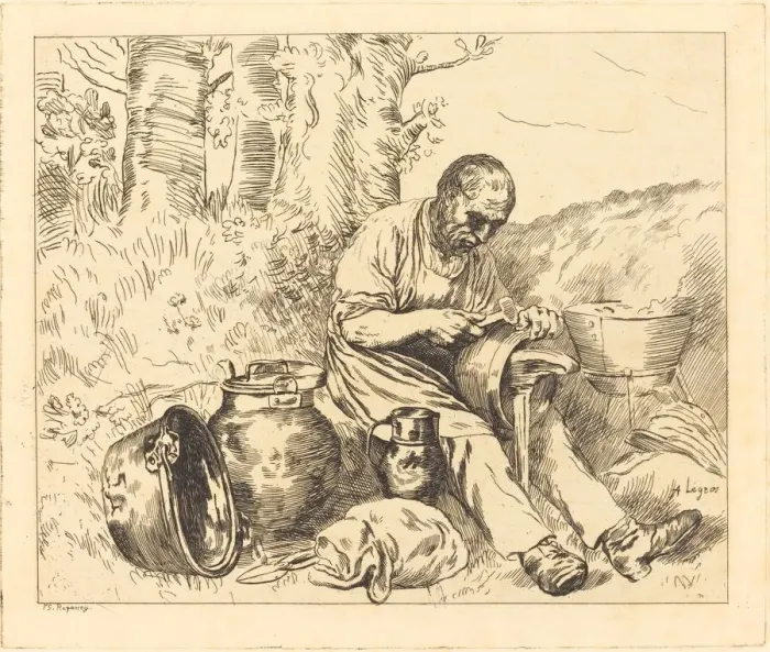 Framed Print : The Tinker (Le retameur). Creator: Alphonse Legros