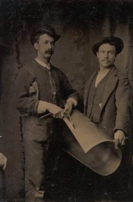 Framed Print : Two Tinsmiths Cutting a Curled Sheet of Metal, 1880s. Creator: Unknown Framed Print : Two Tinsmiths Cutting a Curled Sheet of Metal, 1880s. Creator: Unknown