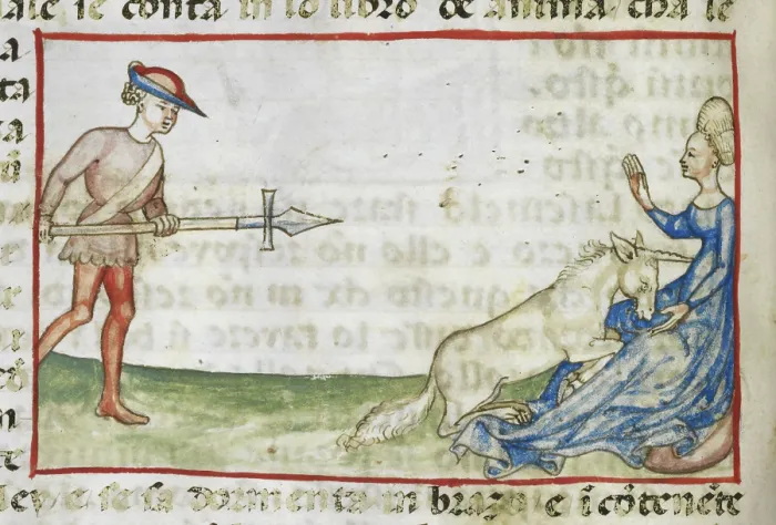 Framed Print : Detail of a tinted drawing of a woman protecting a unicorn, 2nd quarter 15th century. Creator: Anon