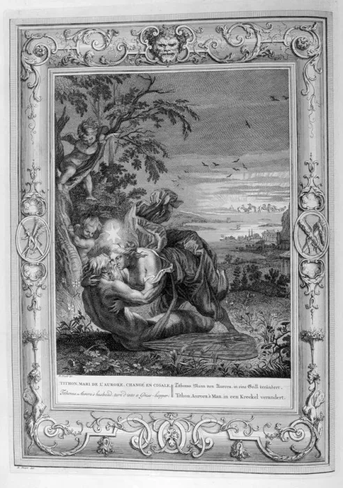 Framed Print : Tithonus, Auroras Husband, Turned into a Grasshopper, 1733. Artist: Bernard Picart Framed Print : Tithonus, Auroras Husband, Turned into a Grasshopper, 1733. Artist: Bernard Picart