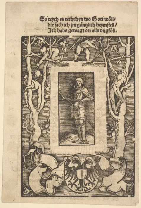 Framed Print : Title Border with Man in Armor in Center, 1513. Creator: Hans Baldung Framed Print : Title Border with Man in Armor in Center, 1513. Creator: Hans Baldung