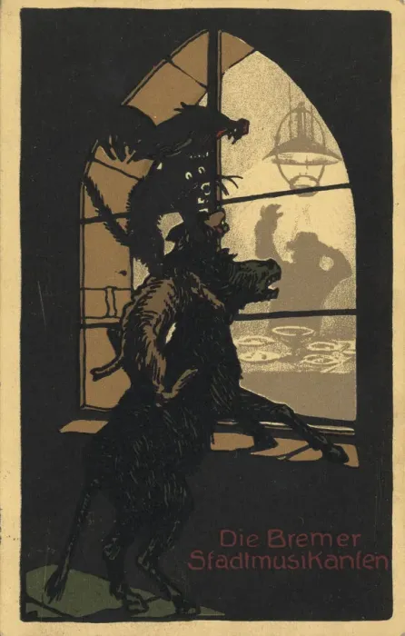 Framed Print : Title design of the book Town Musicians of Bremen by the Brothers Grimm, 1910s. Artist: Anonymous Framed Print : Title design of the book Town Musicians of Bremen by the Brothers Grimm, 1910s. Artist: Anonymous