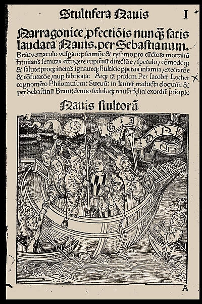Title page of the book Ship of Fools by Sebastian Brant, 1497. Creator: Anonymous