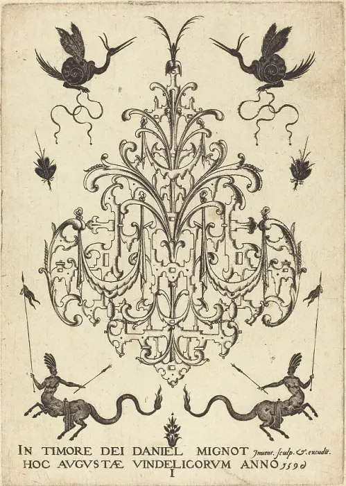Framed Print : Title-Page: Brooch, Snail-like Animals Above, Centaurs with Banners at Bottom, 1596. Creator: Daniel Mignot Framed Print : Title-Page: Brooch, Snail-like Animals Above, Centaurs with Banners at Bottom, 1596. Creator: Daniel Mignot