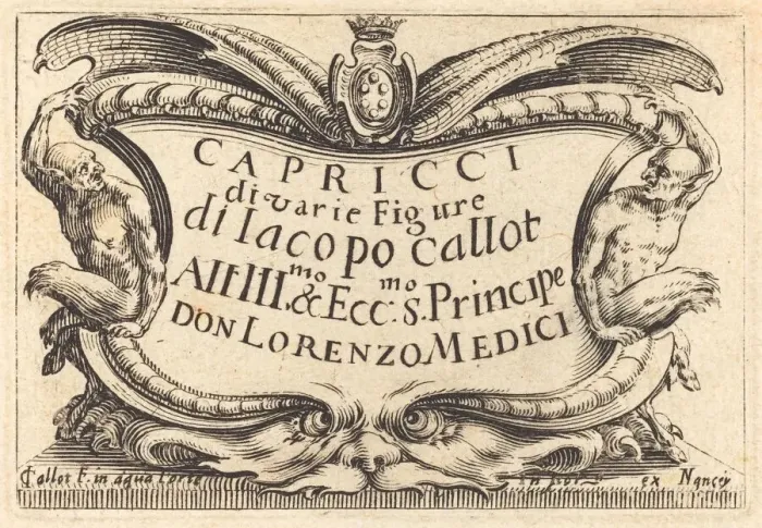 Framed Print : Title Page for The Capricci, c. 1622. Creator: Jacques Callot