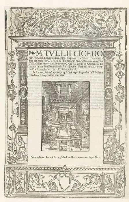 Framed Print : Title page of Cicero's Orationes with Printer's mark of Jodocus Badius, 1520. Creator: Dürer, Albrecht, (Workshop). Title page of Cicero's Orationes with Printer's mark of Jodocus Badius, 1520 Framed Print : Title page of Cicero's Orationes with Printer's mark of Jodocus Badius, 1520. Creator: Dürer, Albrecht, (Workshop). Title page of Cicero's Orationes with Printer's mark of Jodocus Badius, 1520