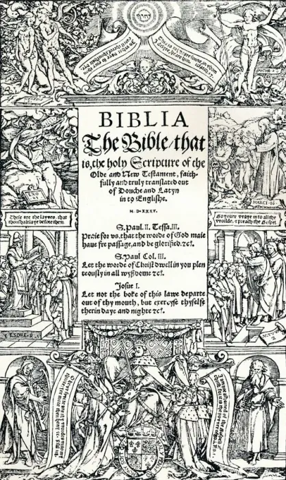 Framed Print : Title-Page of Coverdales English Bible, 1535. Artist: Hans Holbein the Younger Framed Print : Title-Page of Coverdales English Bible, 1535. Artist: Hans Holbein the Younger