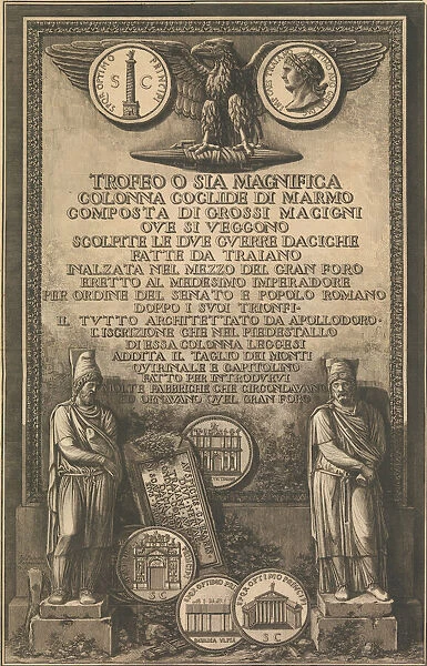 Title page with eagle, coin showing image of Trajan's Column, classical sculptures