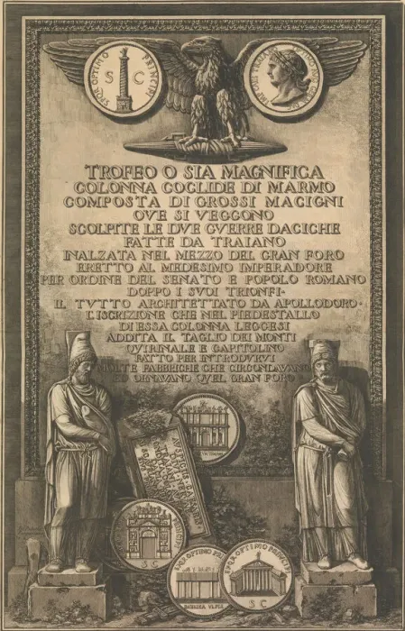 Framed Print : Title page with eagle, coin showing image of Trajans Column, classical sculptures Framed Print : Title page with eagle, coin showing image of Trajans Column, classical sculptures