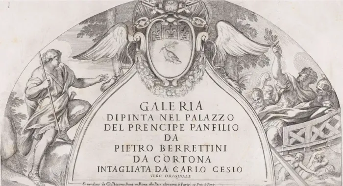 Framed Print : Title page to Galleria Dipinta nel Palazzo del Prencipe Panfilio after the ceiling f Framed Print : Title page to Galleria Dipinta nel Palazzo del Prencipe Panfilio after the ceiling f