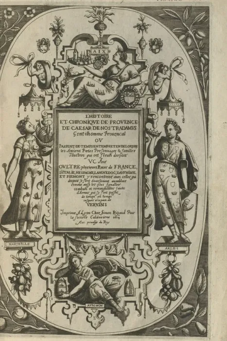Framed Print : Title page of the Histoire et Chronique de Provence, 1614. Artist: Nostredame, Cesar de (1553-1629) Framed Print : Title page of the Histoire et Chronique de Provence, 1614. Artist: Nostredame, Cesar de (1553-1629)