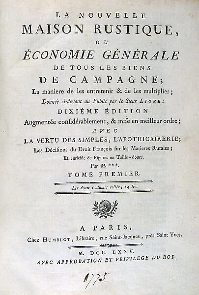 Title page to La Nouvelle Maison Rustique, ou Economie Generale, 1775