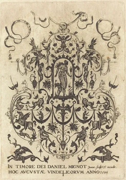 Framed Print : Title Page: Large Pendant, Venus and Amor at Centre, 1596. Creator: Daniel Mignot Framed Print : Title Page: Large Pendant, Venus and Amor at Centre, 1596. Creator: Daniel Mignot