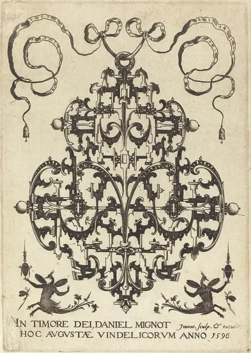 Framed Print : Title Page: Large Pendant, Two Winged Imaginary Figures at Bottom, 1596. Creator: Daniel Mignot Framed Print : Title Page: Large Pendant, Two Winged Imaginary Figures at Bottom, 1596. Creator: Daniel Mignot