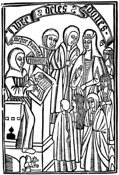 Framed Print : Title page to the Libre de les Dones of Cardinal Ximenes, Barcelona, 1495, (1964) Framed Print : Title page to the Libre de les Dones of Cardinal Ximenes, Barcelona, 1495, (1964)