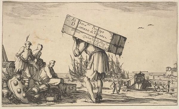 Title page: a man carrying a case on his back in center