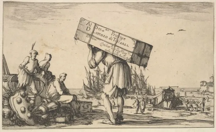 Framed Print : Title page: a man carrying a case on his back in center Framed Print : Title page: a man carrying a case on his back in center