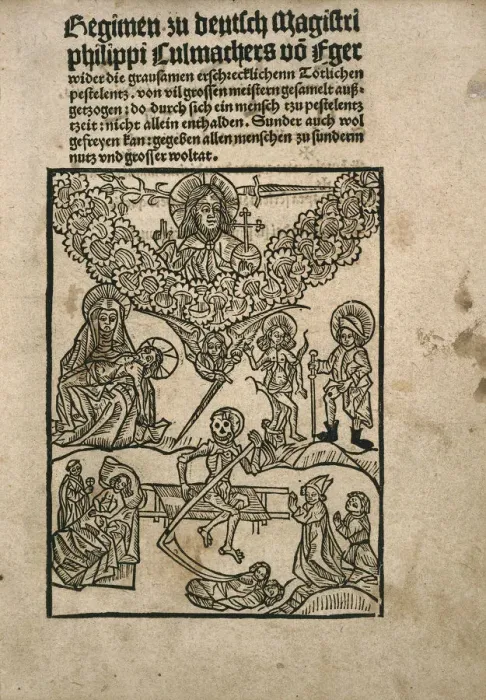 Framed Print : Title page of Regimen wider die Pestilenz by Philipp Culmacher, c. 1495 Framed Print : Title page of Regimen wider die Pestilenz by Philipp Culmacher, c. 1495