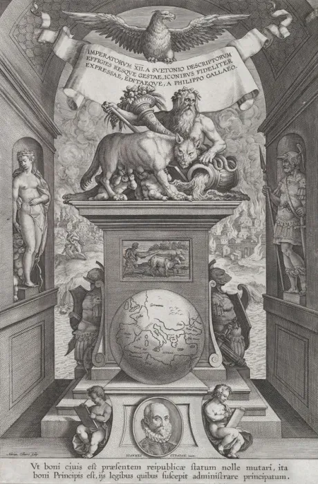 Framed Print : Title page for Roman Emperors on Horseback, ca. 1587-89. Creator: Adriaen Collaert Framed Print : Title page for Roman Emperors on Horseback, ca. 1587-89. Creator: Adriaen Collaert