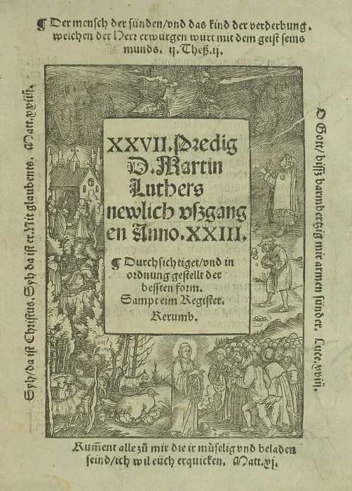 Framed Print : Title page to a sermon by Martin Luther, 1523. Creators: Unknown, Hans Weiditz Framed Print : Title page to a sermon by Martin Luther, 1523. Creators: Unknown, Hans Weiditz