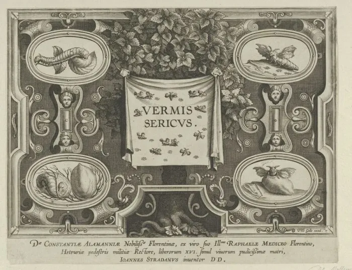 Framed Print : Title Plate from The Introduction of the Silkworm'[Vermis Sericus], ca. 1595 Creator: Karel van Mallery