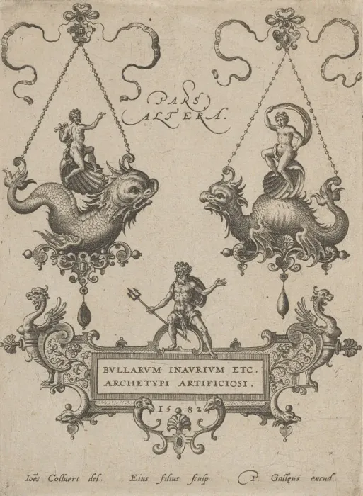 Framed Print : Title Plate with Two Pendant Designs Above and Neptune Standing on a Cartouche Below Framed Print : Title Plate with Two Pendant Designs Above and Neptune Standing on a Cartouche Below