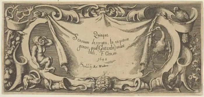 Framed Print : Title Plate, from Quinque Sensuum (Five Senses), ca. 1655. Creator: Francis Cleyn Framed Print : Title Plate, from Quinque Sensuum (Five Senses), ca. 1655. Creator: Francis Cleyn