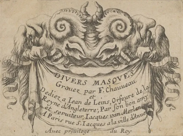 Framed Print : Title Plate with Two Satyr Heads, from Divers Masques, ca. 1635-45 Framed Print : Title Plate with Two Satyr Heads, from Divers Masques, ca. 1635-45